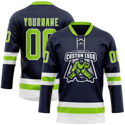 Custom Navy Neon Green-White Hockey Lace Neck Jersey - Sky-Custom