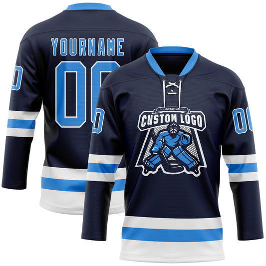 Custom Navy Powder Blue-White Hockey Lace Neck Jersey - Sky-Custom