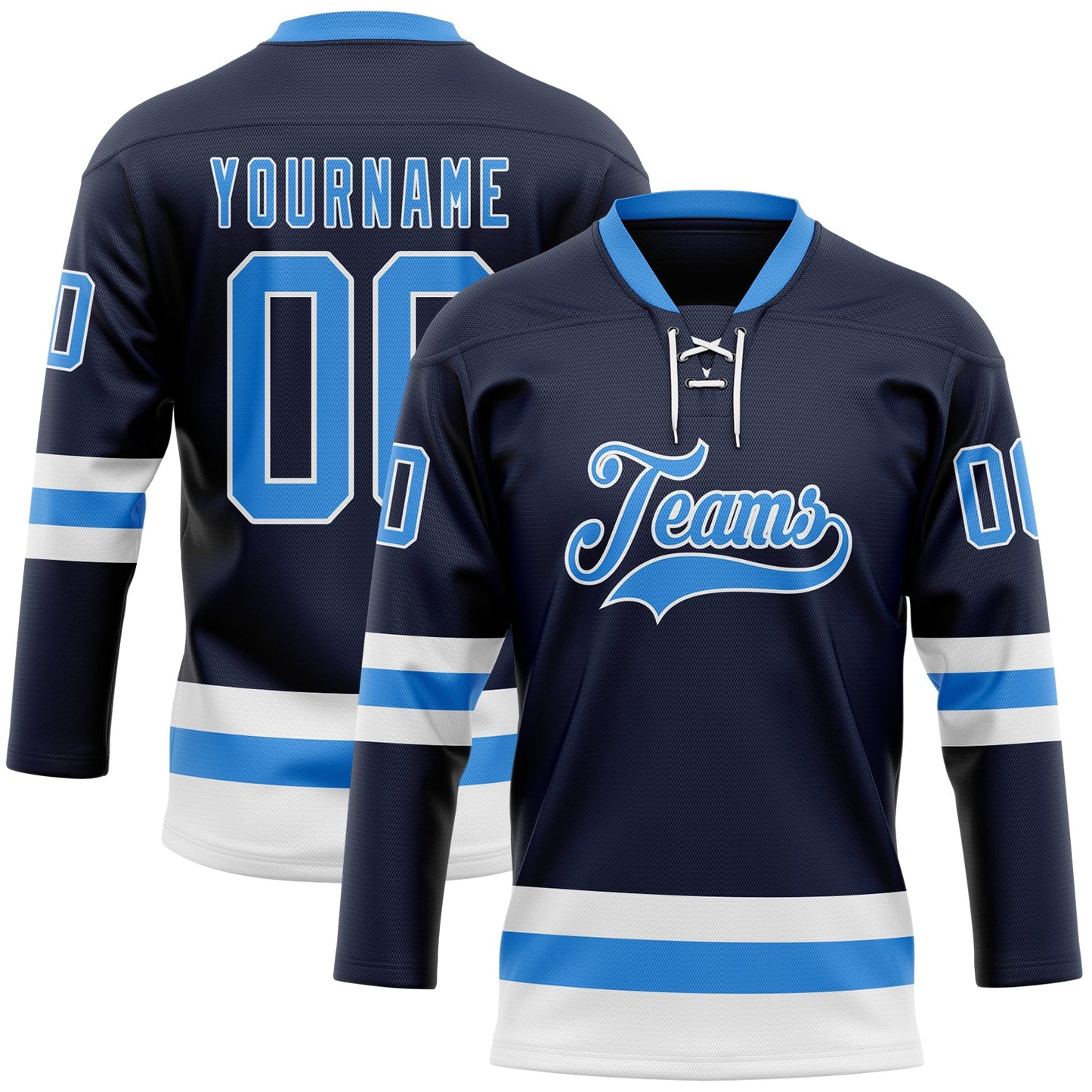 Custom Navy Powder Blue-White Hockey Lace Neck Jersey - Sky-Custom