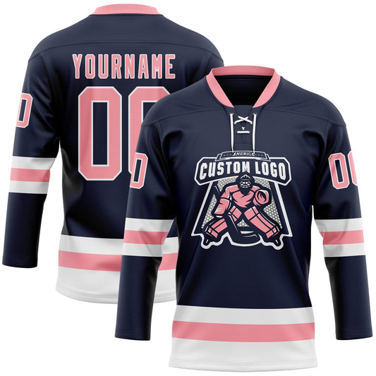 Custom Navy Medium Pink-White Hockey Lace Neck Jersey - Sky-Custom