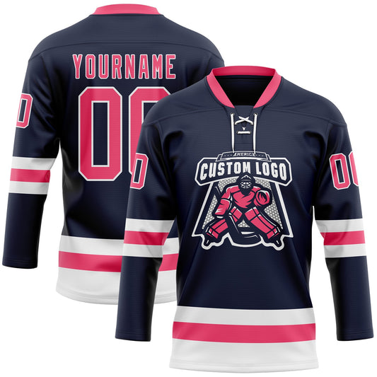 Custom Navy Neon Pink-White Hockey Lace Neck Jersey - Sky-Custom
