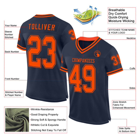 Custom Navy Orange Mesh Authentic Throwback Football Jersey - Sky-Custom