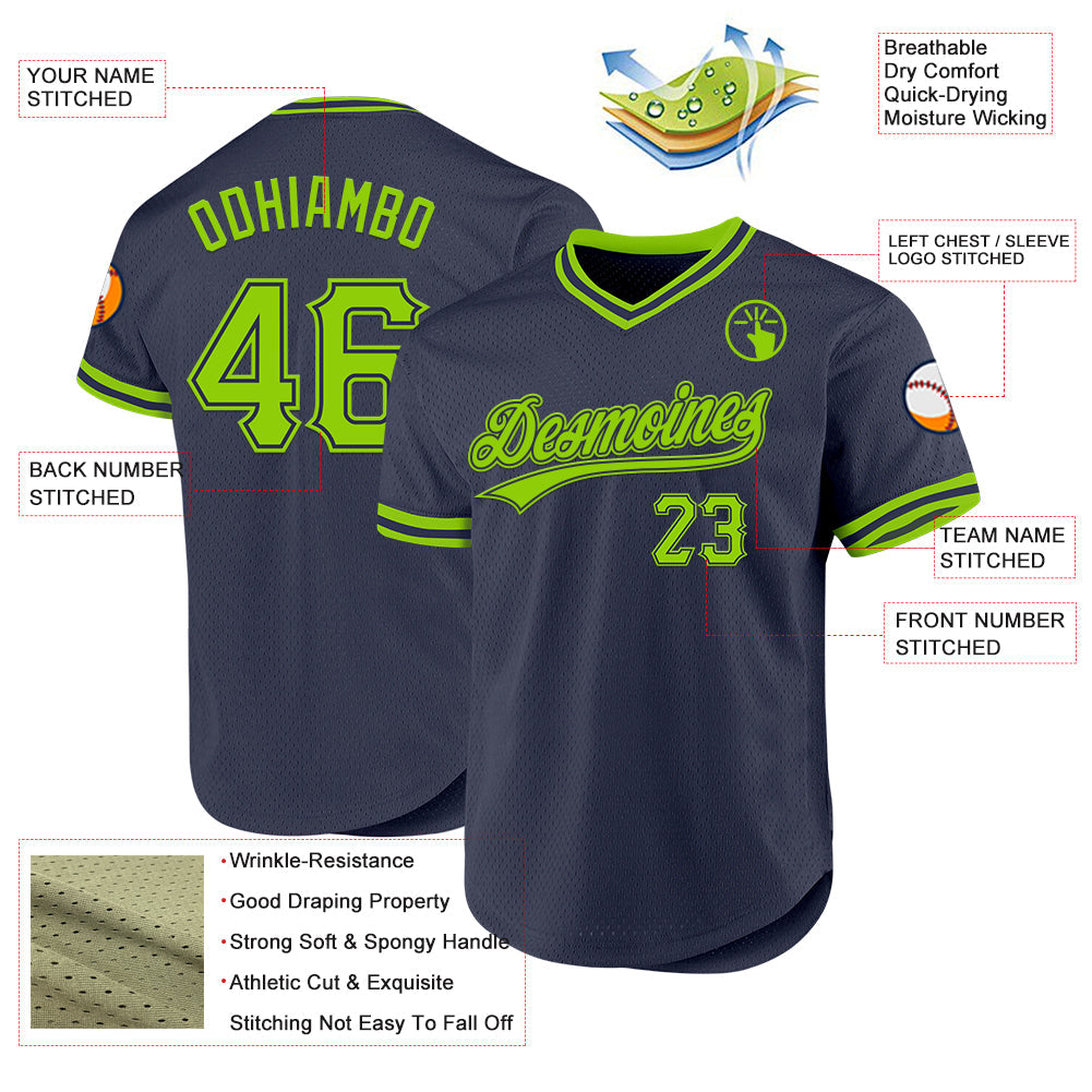 Custom Navy Neon Green Authentic Throwback Baseball Jersey - Sky-Custom