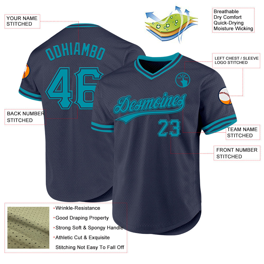 Custom Navy Teal Authentic Throwback Baseball Jersey - Sky-Custom