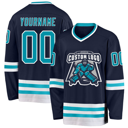 Custom Navy Teal-White Hockey Jersey - Sky-Custom