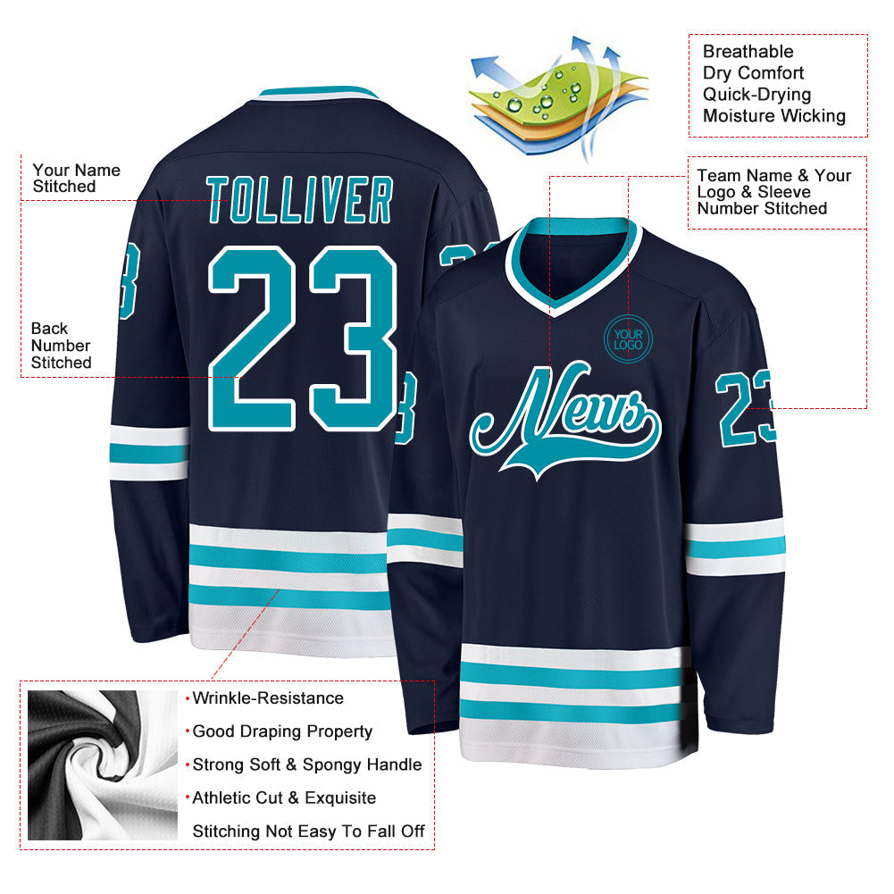 Custom Navy Teal-White Hockey Jersey - Sky-Custom