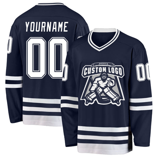 Custom Navy White Hockey Jersey - Sky-Custom