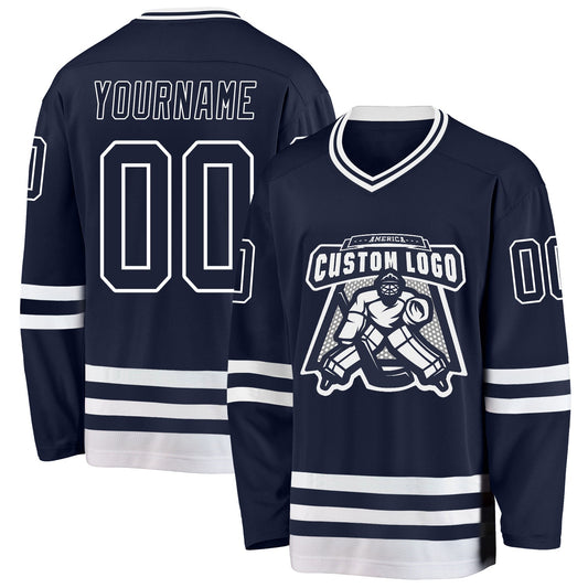 Custom Navy White Hockey Jersey - Sky-Custom