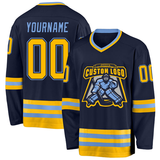 Custom Navy Gold-Light Blue Hockey Jersey - Sky-Custom