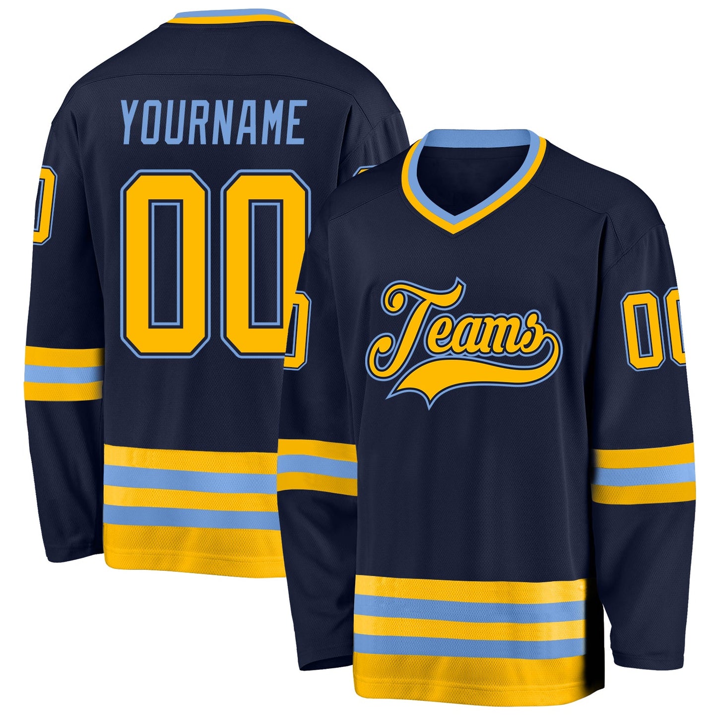 Custom Navy Gold-Light Blue Hockey Jersey - Sky-Custom