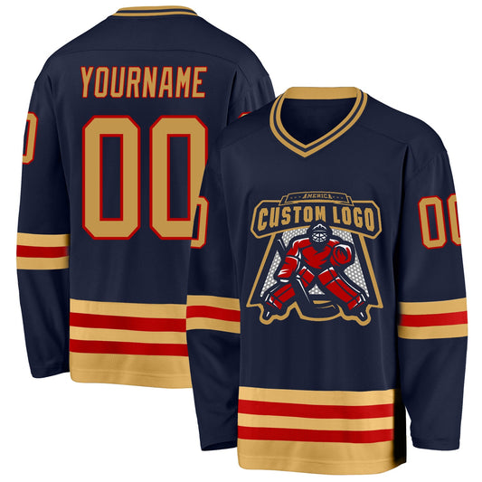 Custom Navy Old Gold-Red Hockey Jersey - Sky-Custom