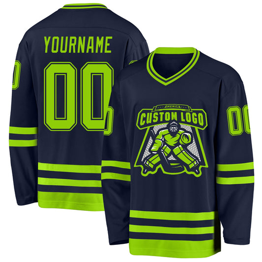 Custom Navy Neon Green Hockey Jersey - Sky-Custom