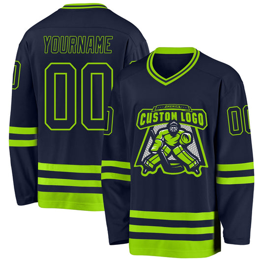 Custom Navy Neon Green Hockey Jersey - Sky-Custom