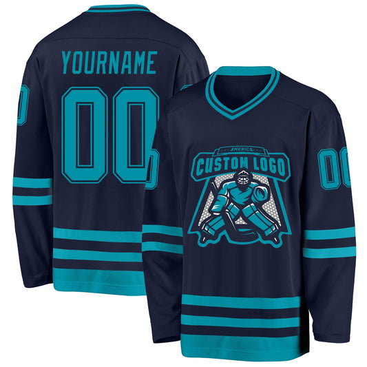 Custom Navy Teal Hockey Jersey - Sky-Custom