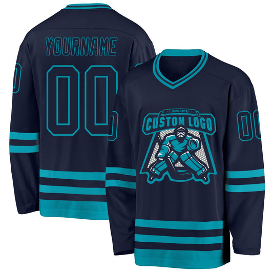 Custom Navy Teal Hockey Jersey - Sky-Custom