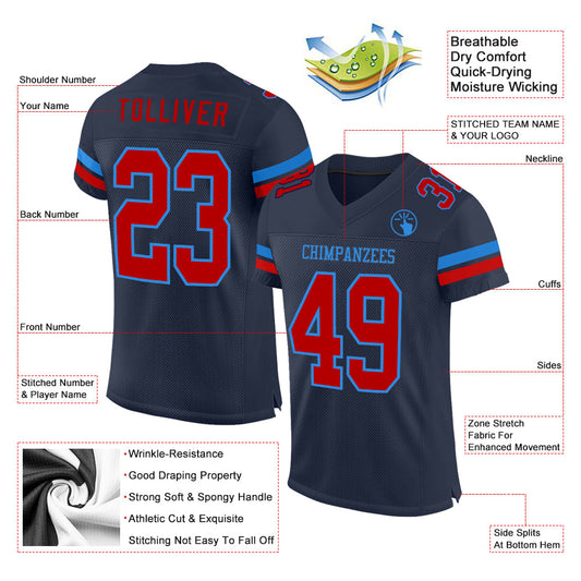 Custom Navy Red-Powder Blue Mesh Authentic Football Jersey - Sky-Custom
