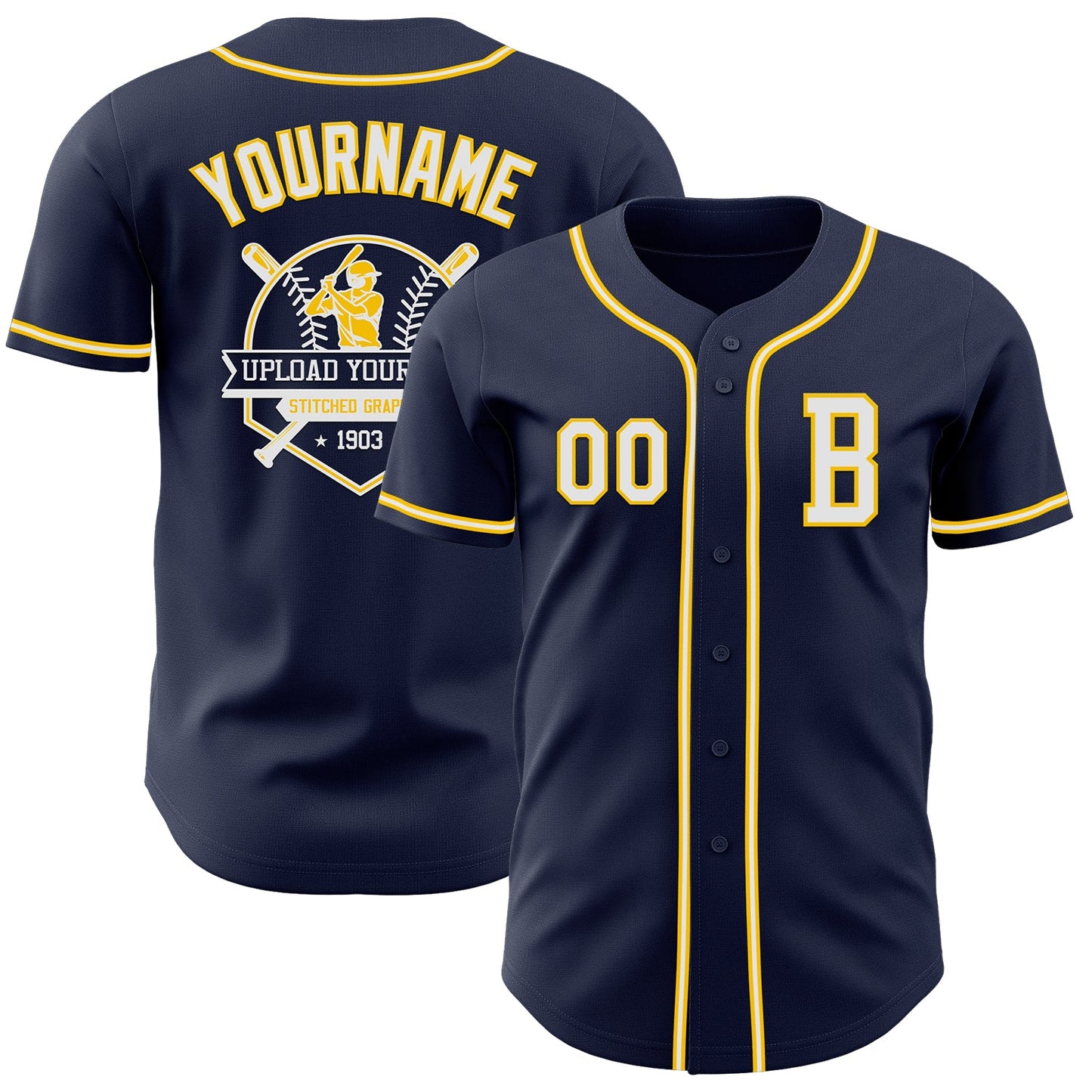 Custom Navy White-Yellow Authentic Baseball Jersey - Sky-Custom