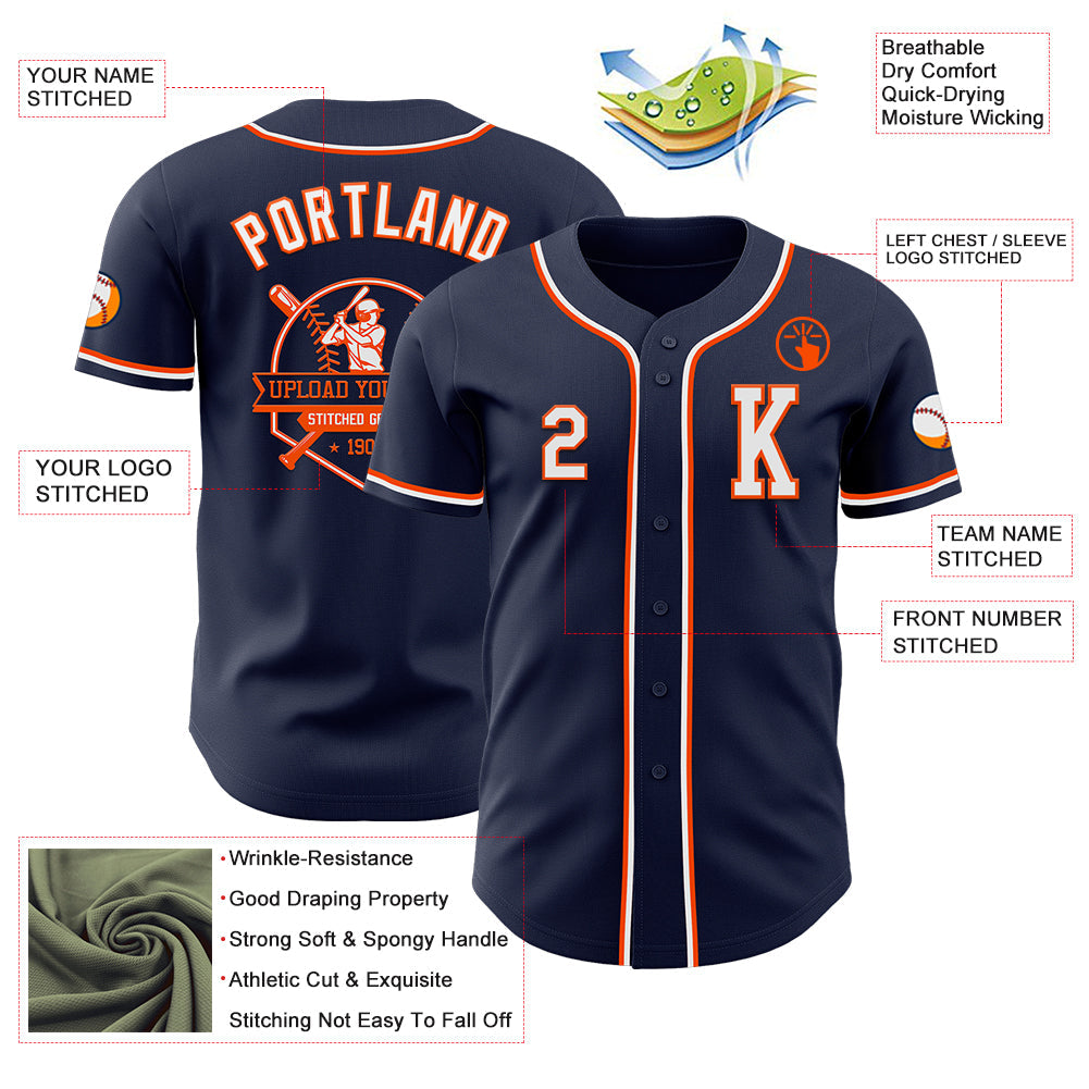 Custom Navy White-Orange Authentic Baseball Jersey - Sky-Custom