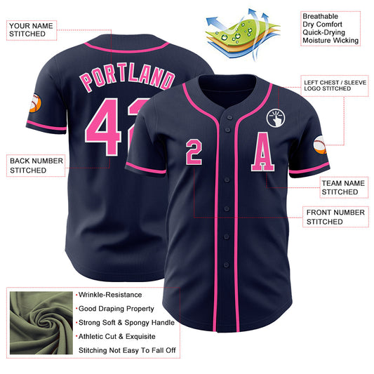 Custom Navy Pink-White Authentic Baseball Jersey - Sky-Custom