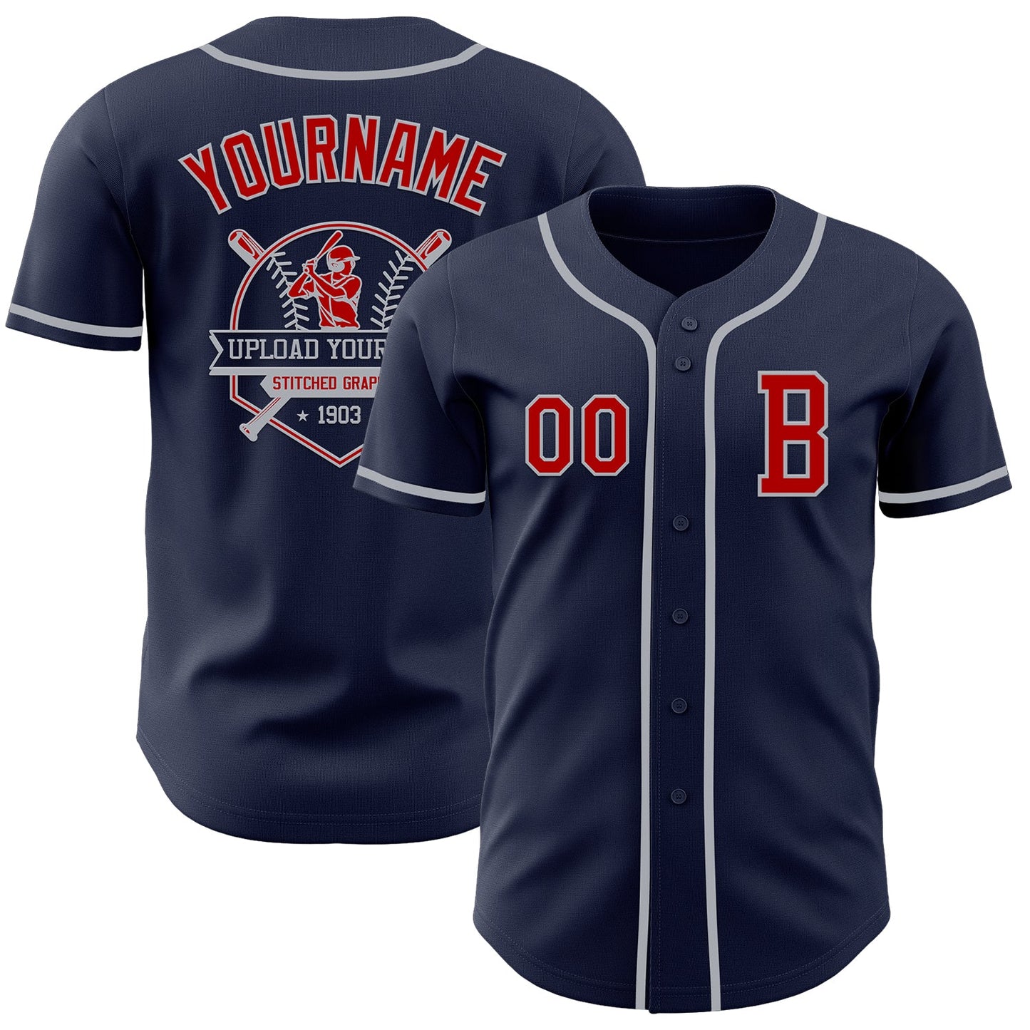Custom Navy Red-Gray Authentic Baseball Jersey - Sky-Custom