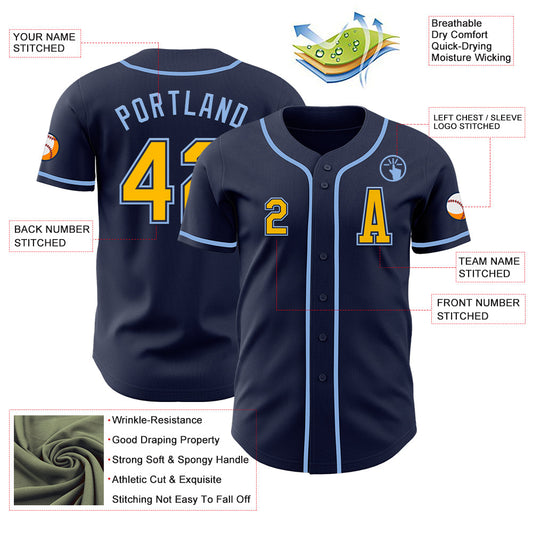 Custom Navy Gold-Light Blue Authentic Baseball Jersey - Sky-Custom