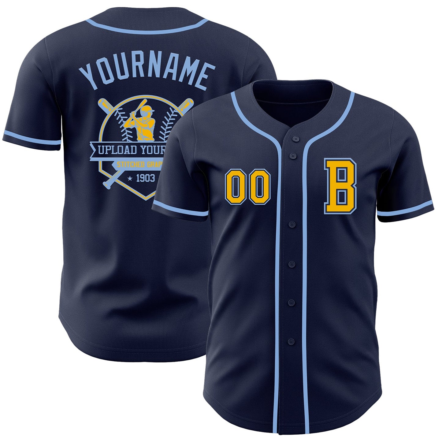 Custom Navy Gold-Light Blue Authentic Baseball Jersey - Sky-Custom