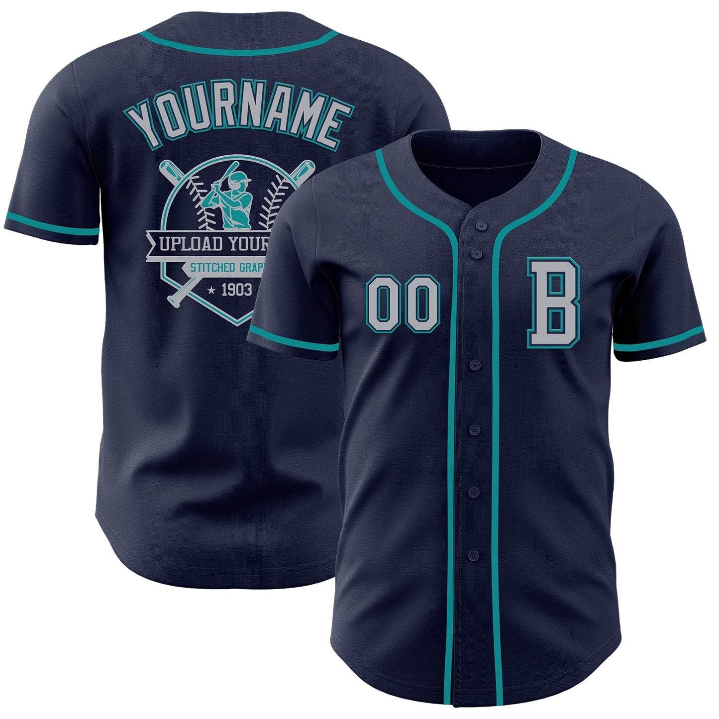 Custom Navy Gray-Teal Authentic Baseball Jersey - Sky-Custom