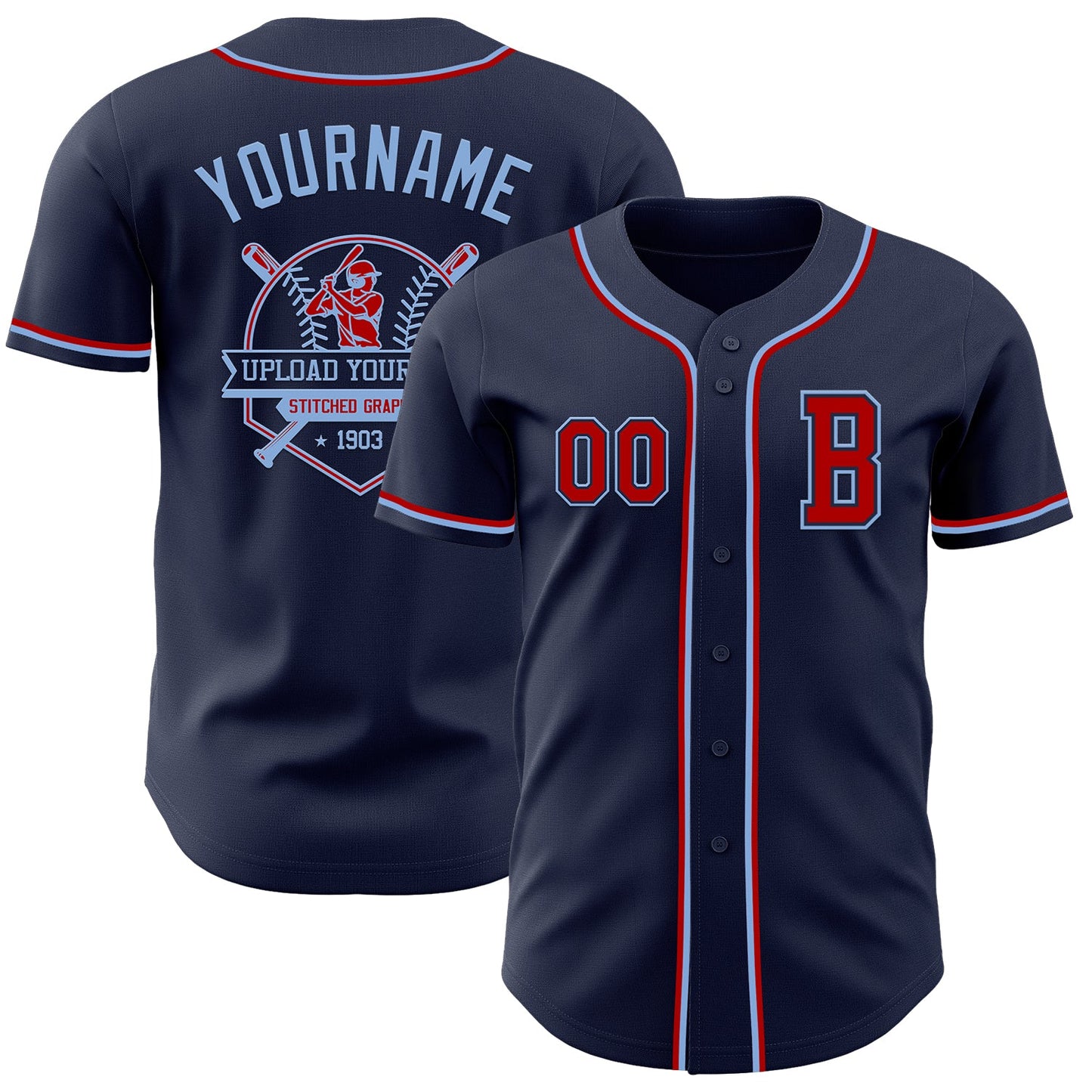 Custom Navy Red-Light Blue Authentic Baseball Jersey - Sky-Custom