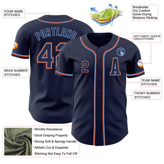 Custom Navy Powder Blue-Orange Authentic Baseball Jersey - Sky-Custom