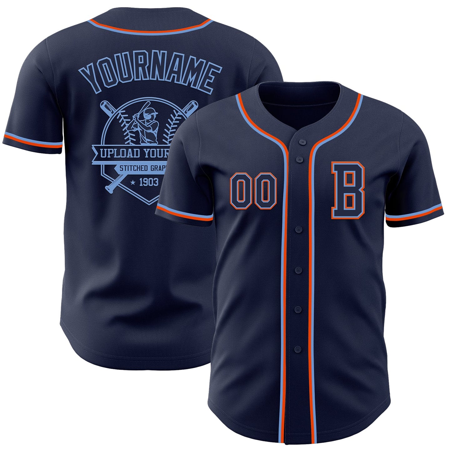 Custom Navy Powder Blue-Orange Authentic Baseball Jersey - Sky-Custom