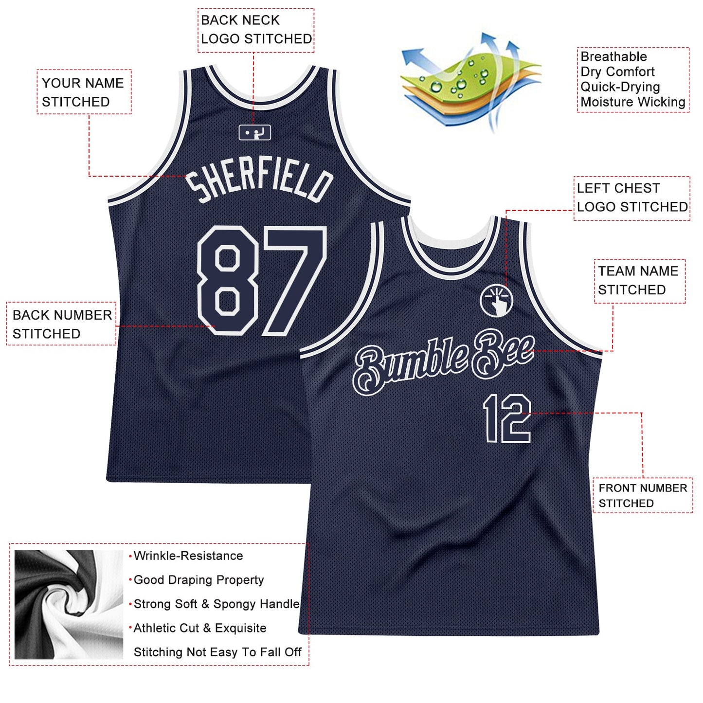 Custom Navy White Authentic Throwback Basketball Jersey - Sky-Custom