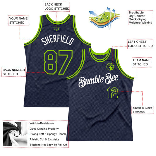 Custom Navy Neon Green-White Authentic Throwback Basketball Jersey - Sky-Custom