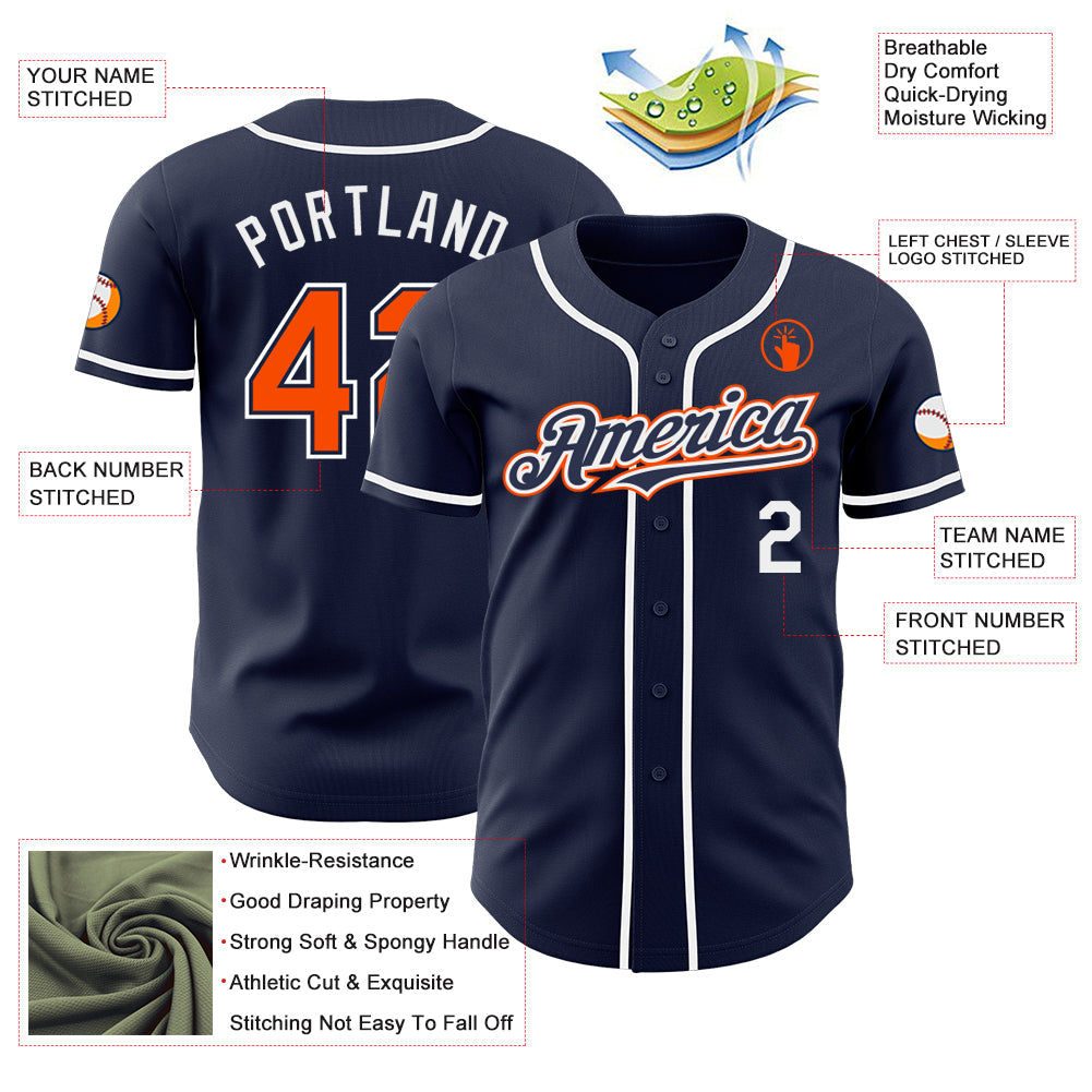 Custom Navy Orange-White Authentic Baseball Jersey - Sky-Custom