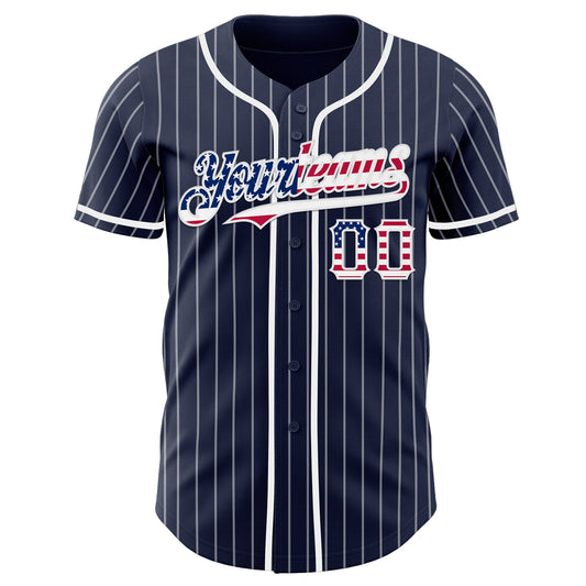 Custom Navy White Pinstripe USA Flag Authentic Baseball Jersey - Sky-Custom