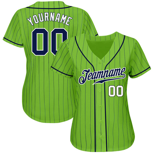 Custom Neon Green Navy Pinstripe Navy-White Authentic Baseball Jersey - Sky-Custom