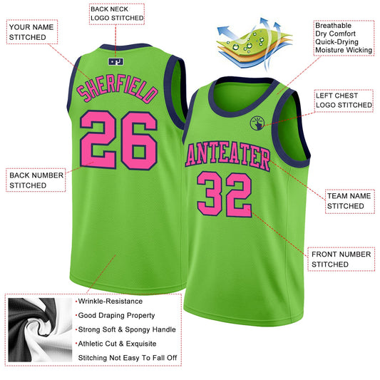 Custom Neon Green Pink-Navy Authentic Basketball Jersey - Sky-Custom