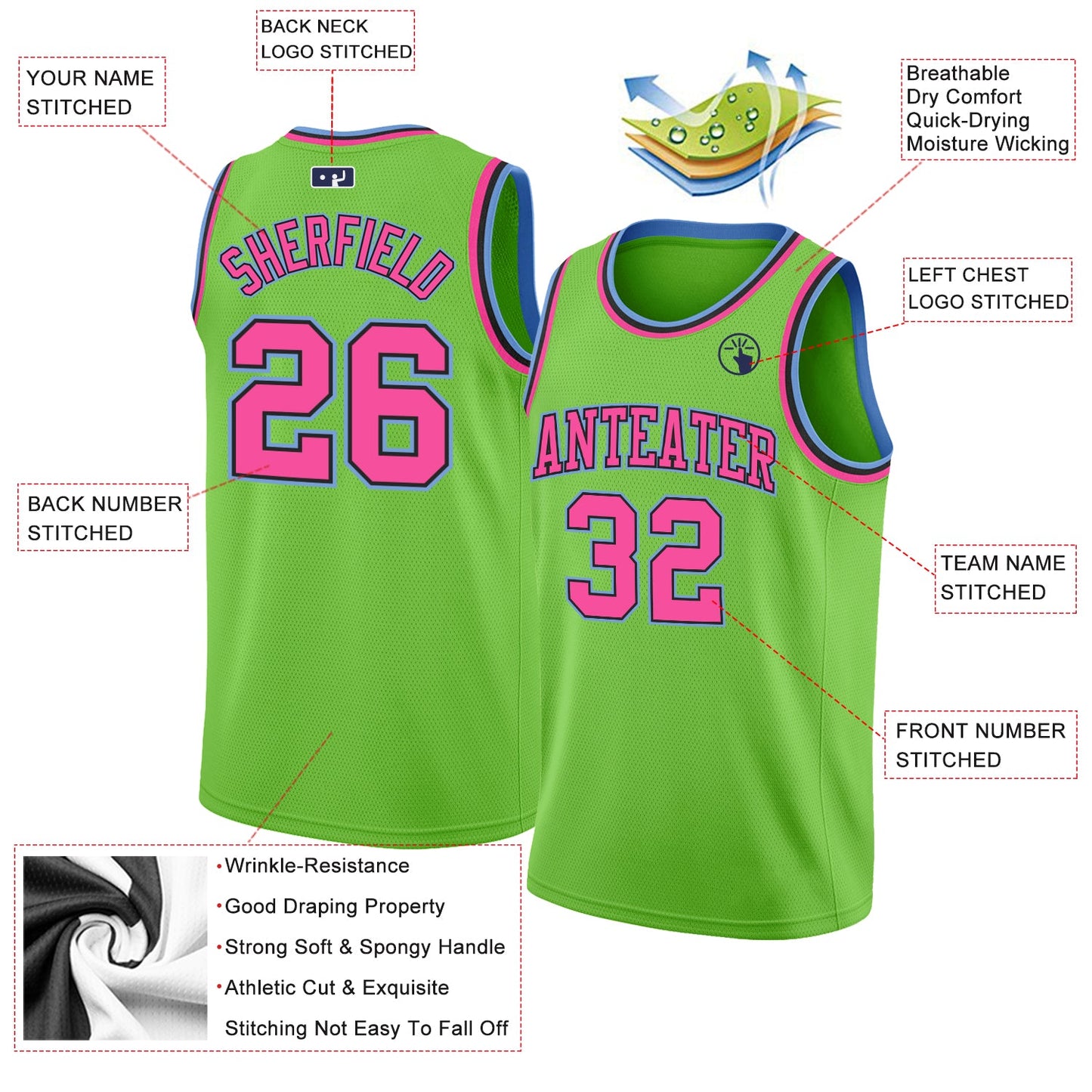 Custom Neon Green Pink-Light Blue Authentic Basketball Jersey - Sky-Custom
