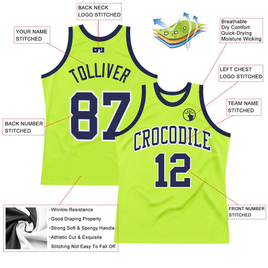 Custom Neon Green Navy-White Authentic Throwback Basketball Jersey - Sky-Custom