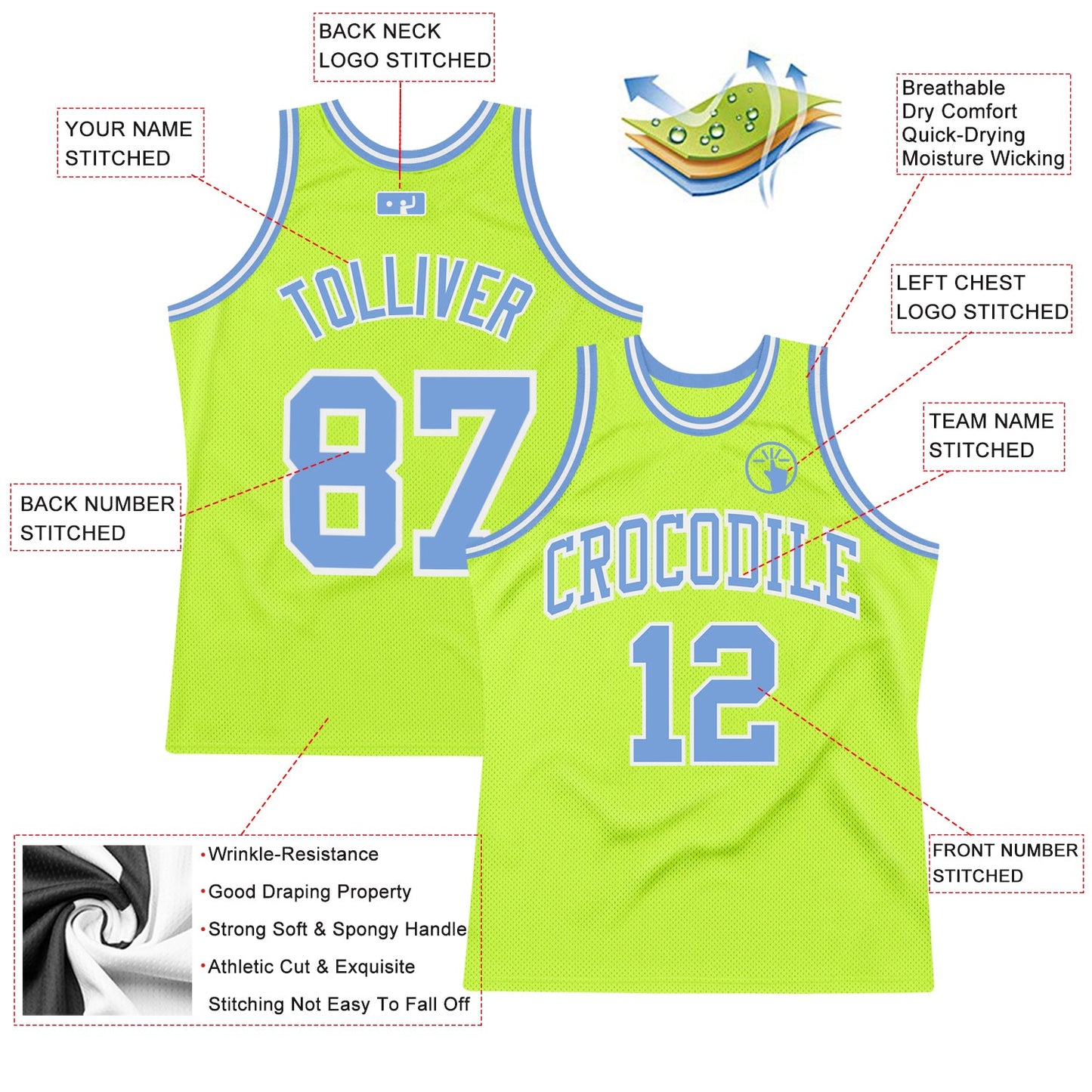Custom Neon Green Light Blue-White Authentic Throwback Basketball Jersey - Sky-Custom