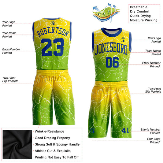 Custom Neon Green Royal-Gold Round Neck Sublimation Basketball Suit Jersey - Sky-Custom