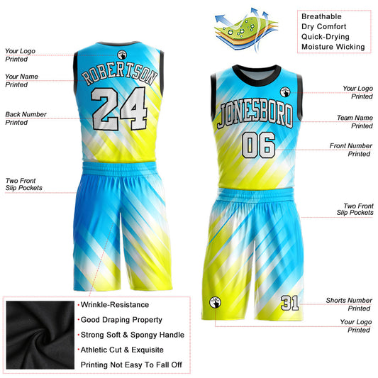 Custom Neon Green White-Light Blue Round Neck Sublimation Basketball Suit Jersey - Sky-Custom