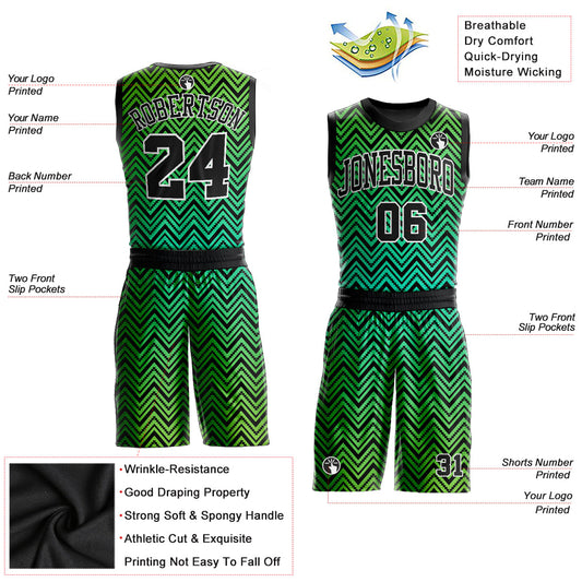 Custom Neon Green Black-White Round Neck Sublimation Basketball Suit Jersey - Sky-Custom
