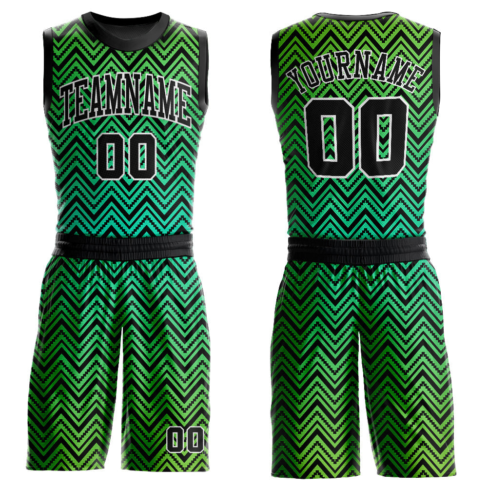 Custom Neon Green Black-White Round Neck Sublimation Basketball Suit Jersey - Sky-Custom
