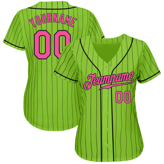 Custom Neon Green Black Pinstripe Pink-Black Authentic Baseball Jersey - Sky-Custom