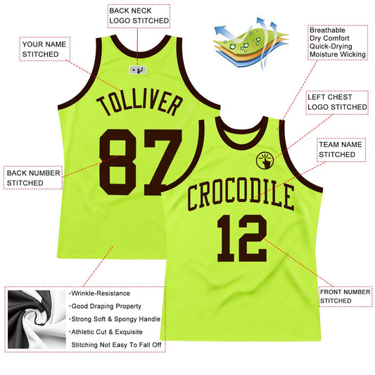 Custom Neon Green Brown Authentic Throwback Basketball Jersey - Sky-Custom