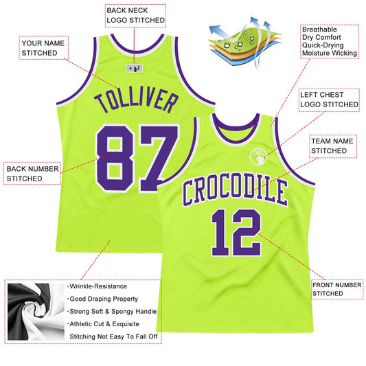 Custom Neon Green Purple-White Authentic Throwback Basketball Jersey - Sky-Custom