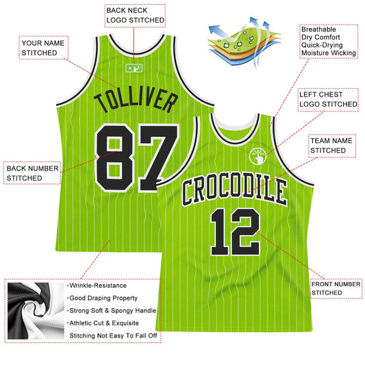 Custom Neon Green White Pinstripe Black-White Authentic Basketball Jersey - Sky-Custom