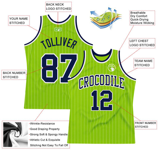 Custom Neon Green White Pinstripe Navy-White Authentic Basketball Jersey - Sky-Custom