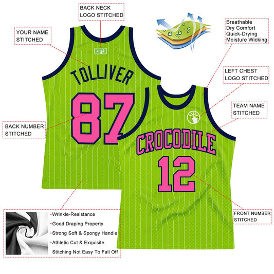 Custom Neon Green White Pinstripe Pink-Navy Authentic Basketball Jersey - Sky-Custom