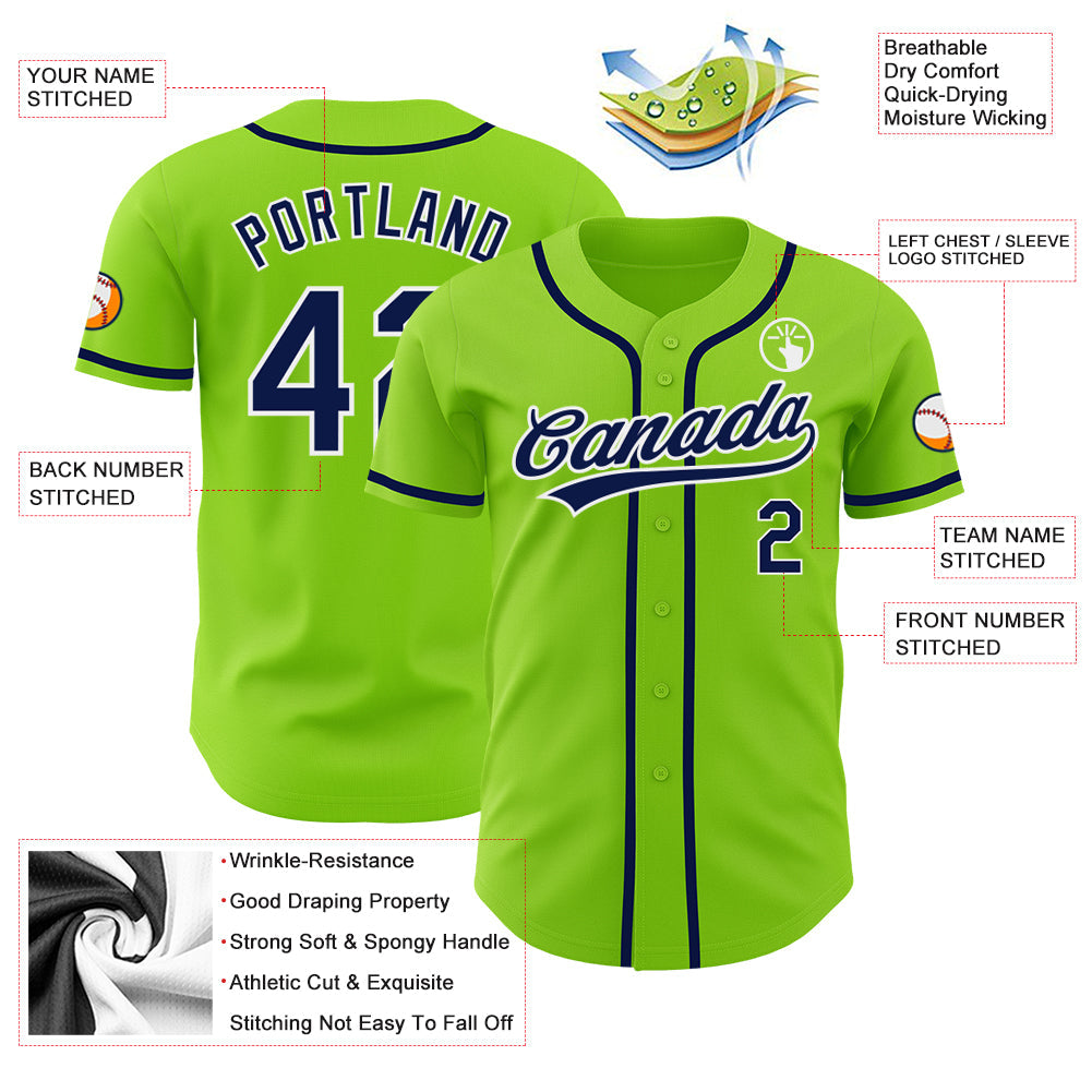Custom Neon Green Navy-White Authentic Baseball Jersey - Sky-Custom